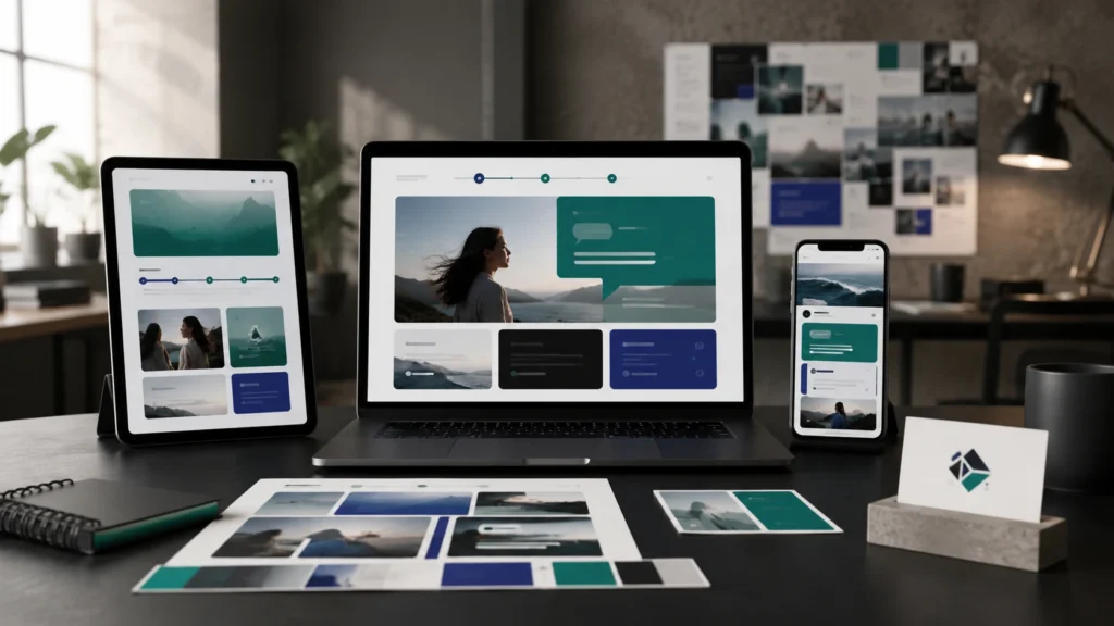 Brand messaging and logo design elements showing clear business communication